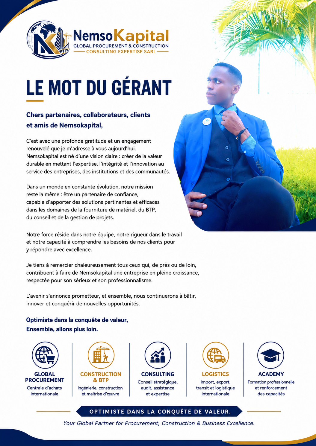 Le mot du Gérant — message de Sopoude Yorh Marius, Gérant de Nemso Kapital